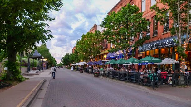A pedestrian street lined with cafe terraces and brick buildings