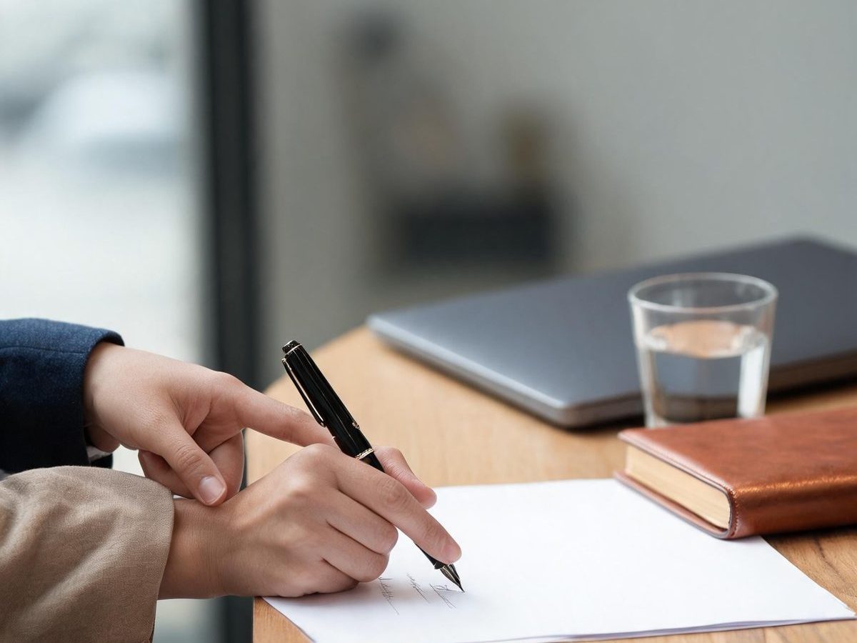 An adviser and a client reviewing and signing immigration documents