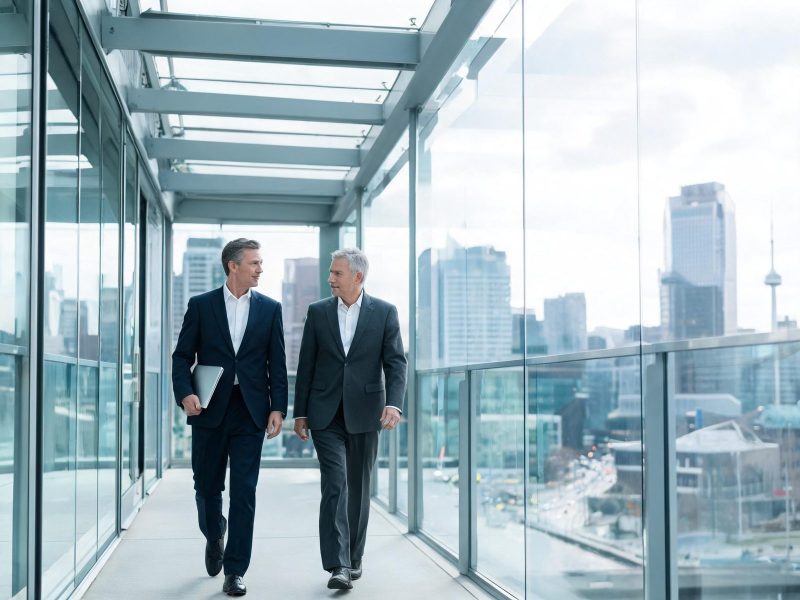 Two executives walking through a modern Canadian corporate office tower