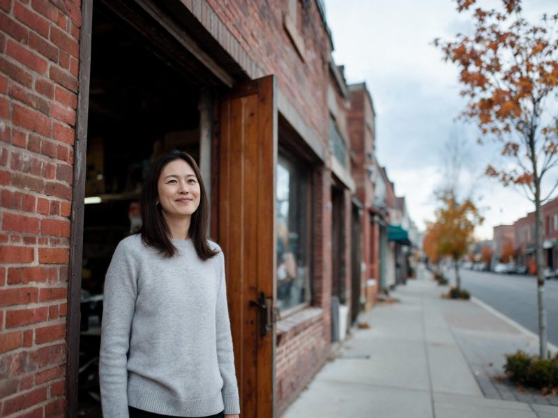A business owner standing in the doorway of her workshop in a Canadian town